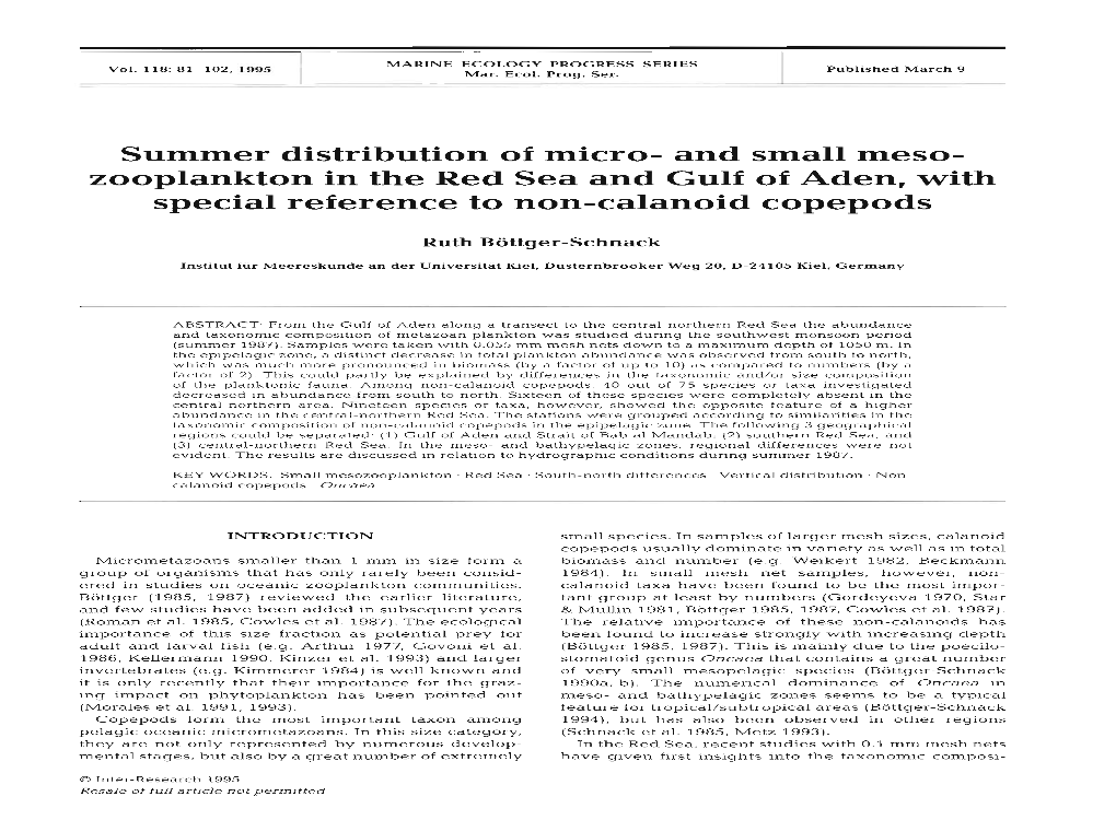 And Small Meso- Zooplankton in the Red Sea and Gulf of Aden, with Special Reference to Non-Calanoid Copepods