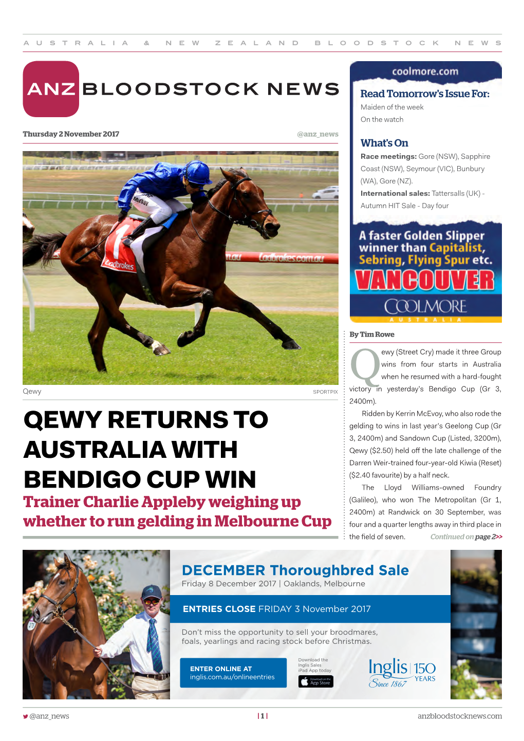 Qewy Returns to Australia with Bendigo Cup Win | 2 | Thursday 2 November 2017