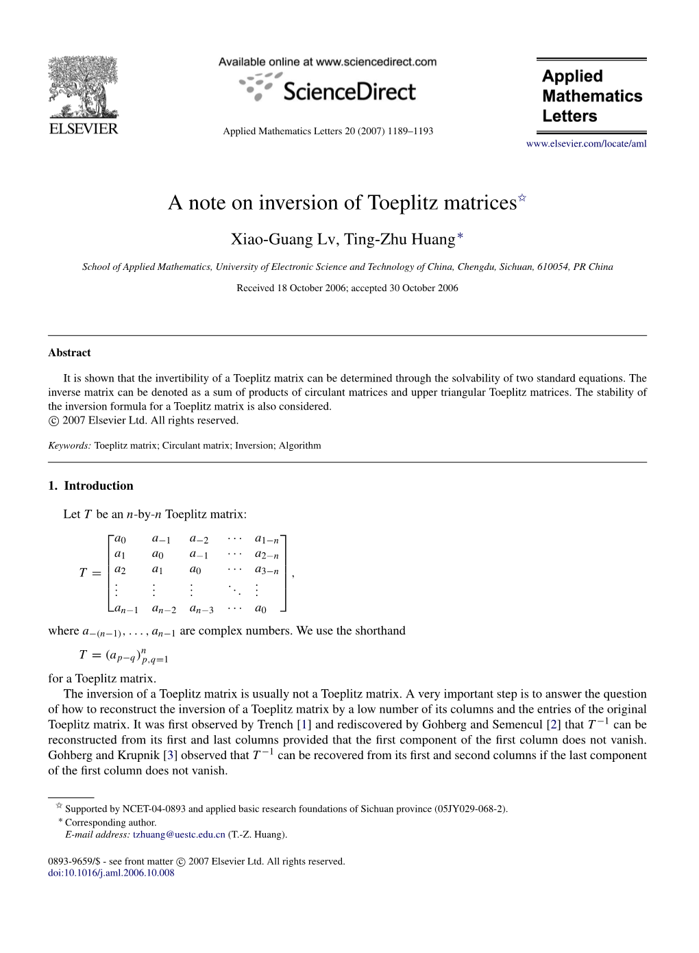 A Note on Inversion of Toeplitz Matrices$