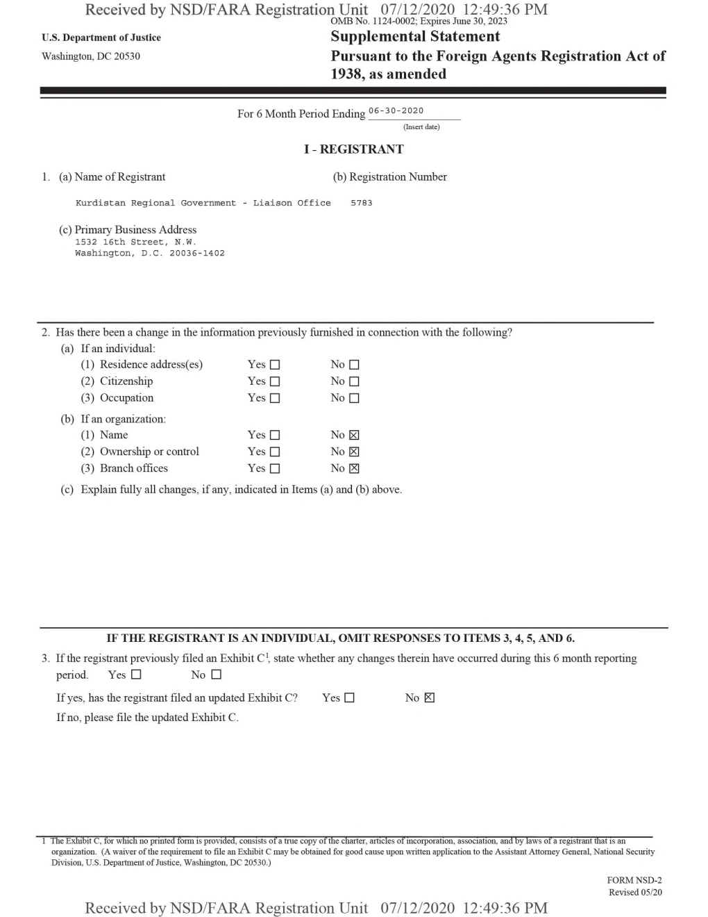 Supplemental Statement Washington, Dc 20530 Pursuant to the Foreign Agents Registration Act of 1938, As Amended