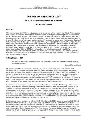 THE AGE of RESPONSIBILITY ~ CSR 2.0 and the New DNA of Business Wayne Visser, Journal of Business Systems, Governance and Ethics, Vol