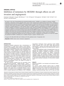 Inhibition of Metastasis by HEXIM1 Through Effects on Cell Invasion and Angiogenesis