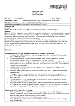 JOB DESCRIPTION Managing Editor Vacancy Ref: A2074 Job Title