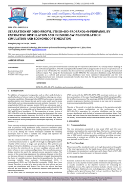 Separation of Diiso-Propyl Ether+Iso-Propanol+N-Propanol by Extractive Distillation and Pressure-Swing Distillation: Simulation and Economic Optimization