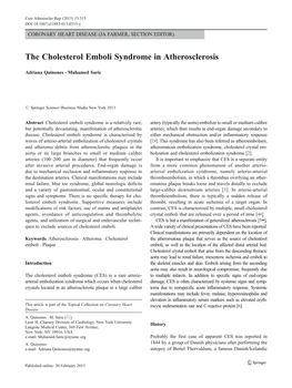 The Cholesterol Emboli Syndrome in Atherosclerosis