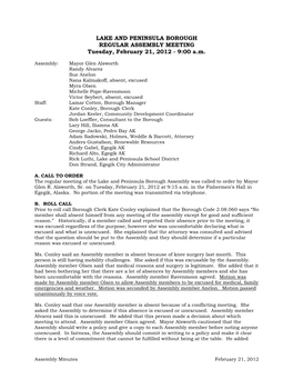 LAKE and PENINSULA BOROUGH REGULAR ASSEMBLY MEETING Tuesday, February 21, 2012 - 9:00 A.M