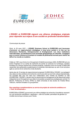 L'edhec Et EURECOM Signent Une Alliance Stratégique Originale Pour Répondre Aux Enjeux D'une Société En Profonde Transfo