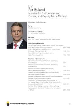 CV Per Bolund Minister for Environment and Climate, and Deputy Prime Minister