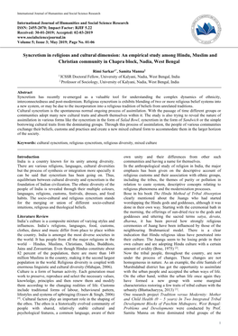 Syncretism in Religious and Cultural Dimension: an Empirical Study Among Hindu, Muslim and Christian Community in Chapra Block, Nadia, West Bengal