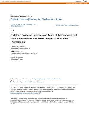 Body Fluid Solutes of Juveniles and Adults of the Euryhaline Bull Shark Carcharhinus Leucas from Freshwater and Saline Environments