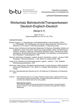 Wortschatz Bahntechnik/Transportwesen Deutsch-Englisch-Deutsch (Skript 0-7)