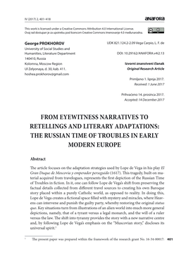 From Eyewitness Narratives to Retellings and Literary Adaptations: the Russian Time of Troubles in Early Modern Europe