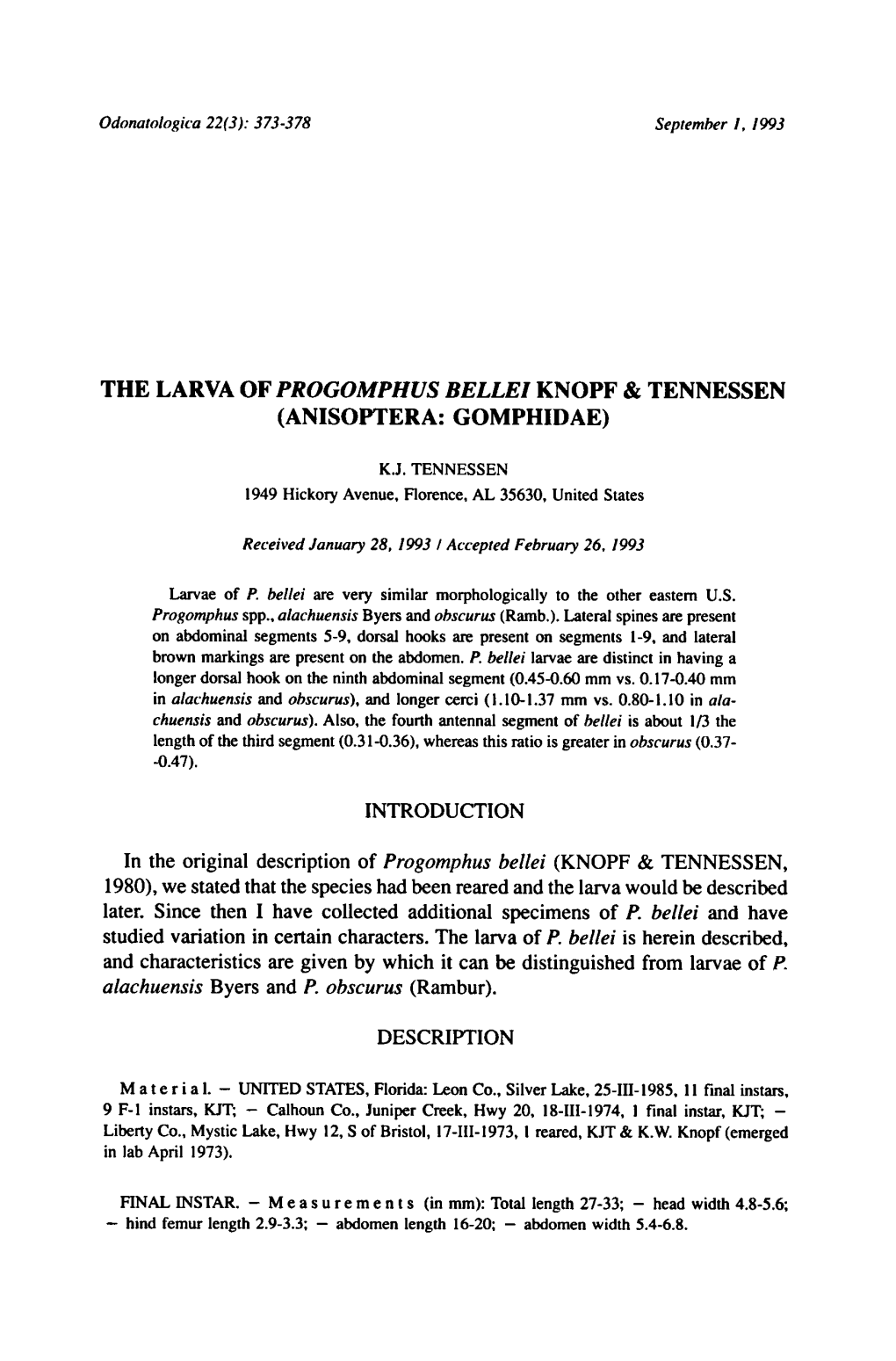 Original Description of Progomphus Bellei (KNOPF & TENNESSEN