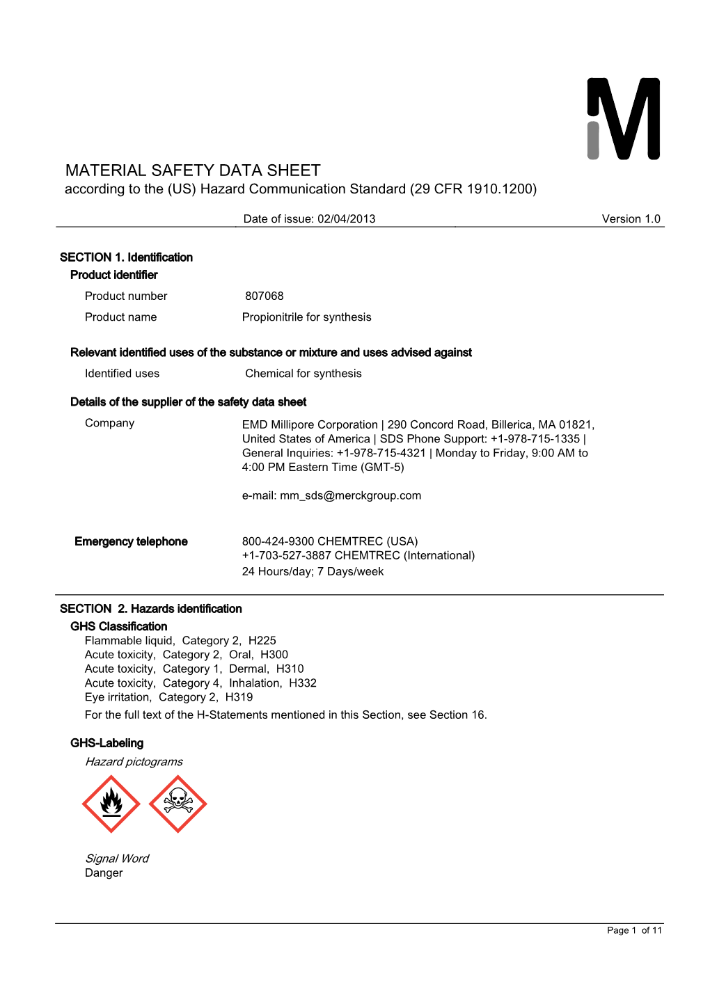 MATERIAL SAFETY DATA SHEET According to the (US) Hazard Communication Standard (29 CFR 1910.1200)