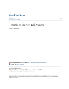 Tenantry on the New York Manors Arthur E