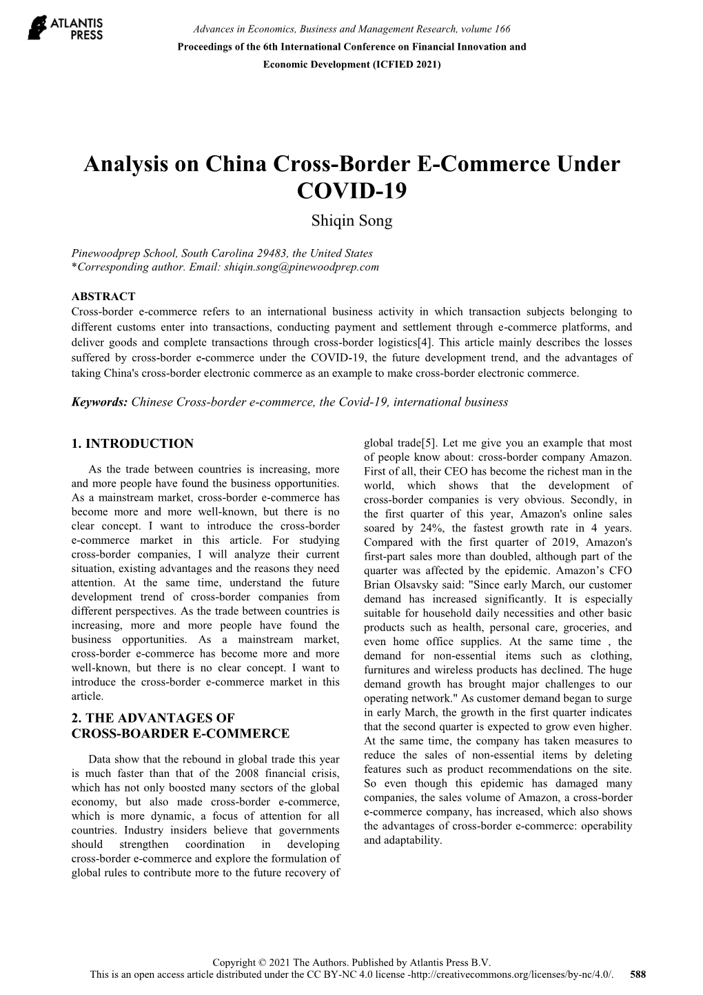 Analysis on China Cross-Border E-Commerce Under COVID-19 Shiqin Song