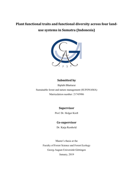 Plant Functional Traits and Functional Diversity Across Four Land- Use Systems in Sumatra (Indonesia)