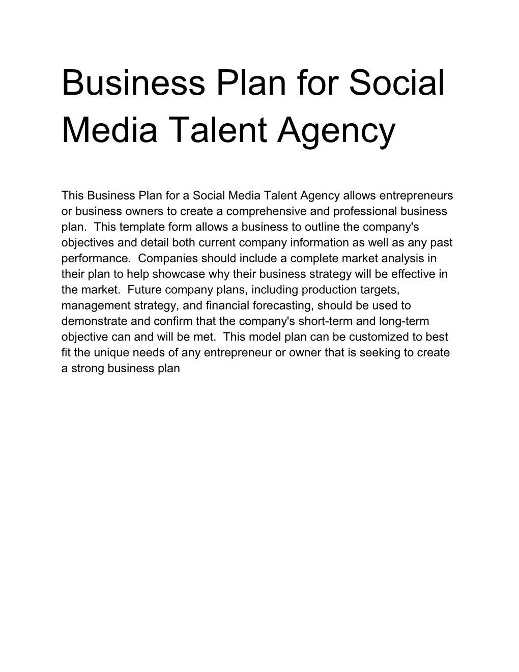 Business Plan for Social Media Talent Agency