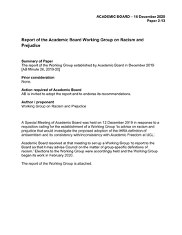 Report of the Academic Board Working Group on Racism and Prejudice