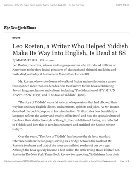 Leo Rosten, a Writer Who Helped Yiddish Make Its Way Into English, Is Dead at 88 - the New York Times 5/29/17, 2�12 AM