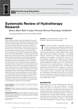 Systematic Review of Hydrotherapy Research Does a Warm Bath in Labor Promote Normal Physiologic Childbirth?