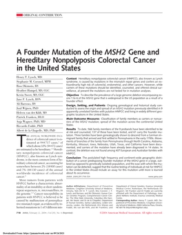 A Founder Mutation of the MSH2 Gene and Hereditary Nonpolyposis Colorectal Cancer in the United States