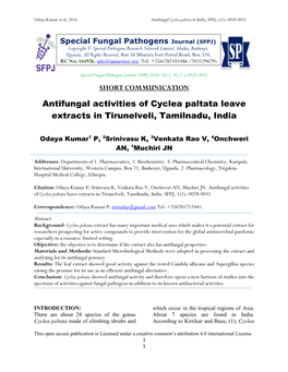 Antifungal Activities of Cyclea Paltata Leave Extracts in Tirunelveli, Tamilnadu, India