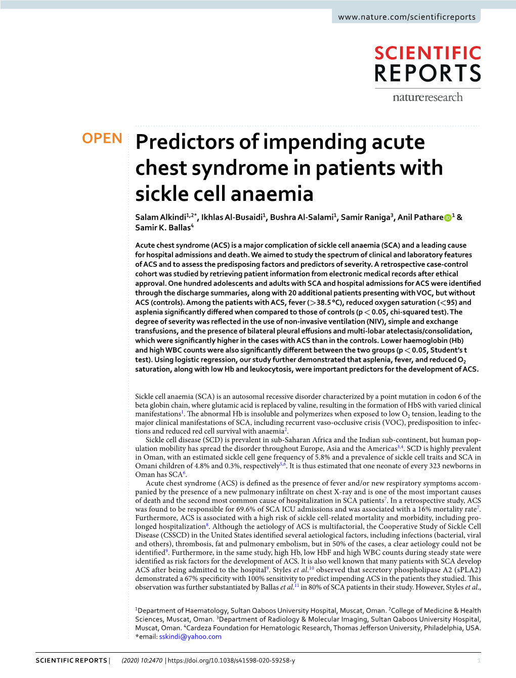 Predictors of Impending Acute Chest Syndrome in Patients with Sickle Cell