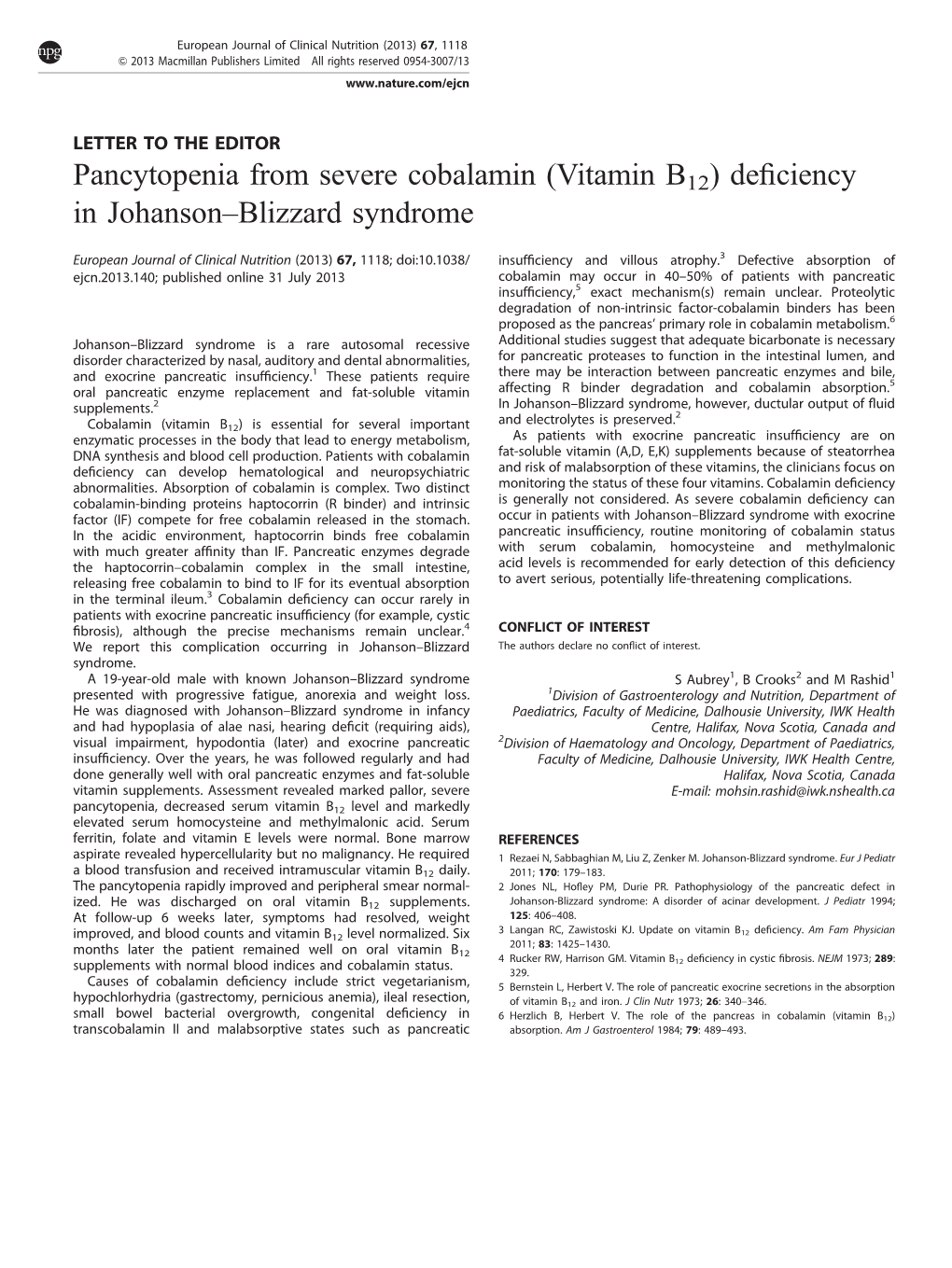 Vitamin B12) Deﬁciency in Johanson–Blizzard Syndrome