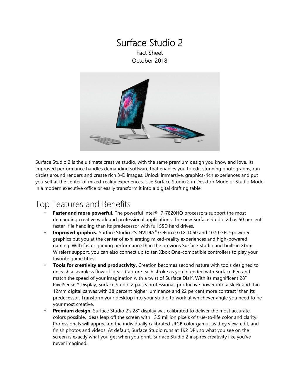 Microsoft Surface Studio 2 Fact Sheet