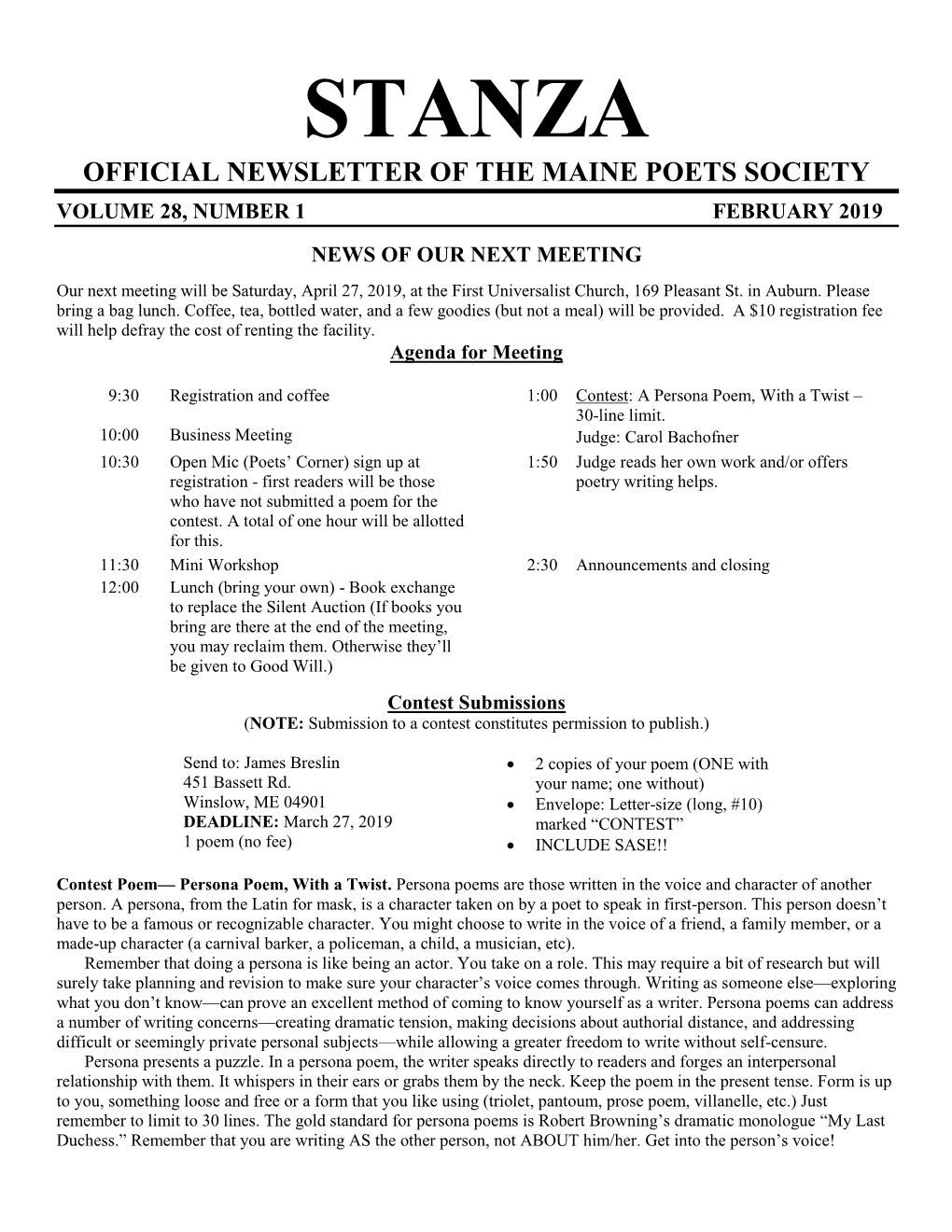 Stanza Official Newsletter of the Maine Poets Society Volume 28, Number 1 February 2019