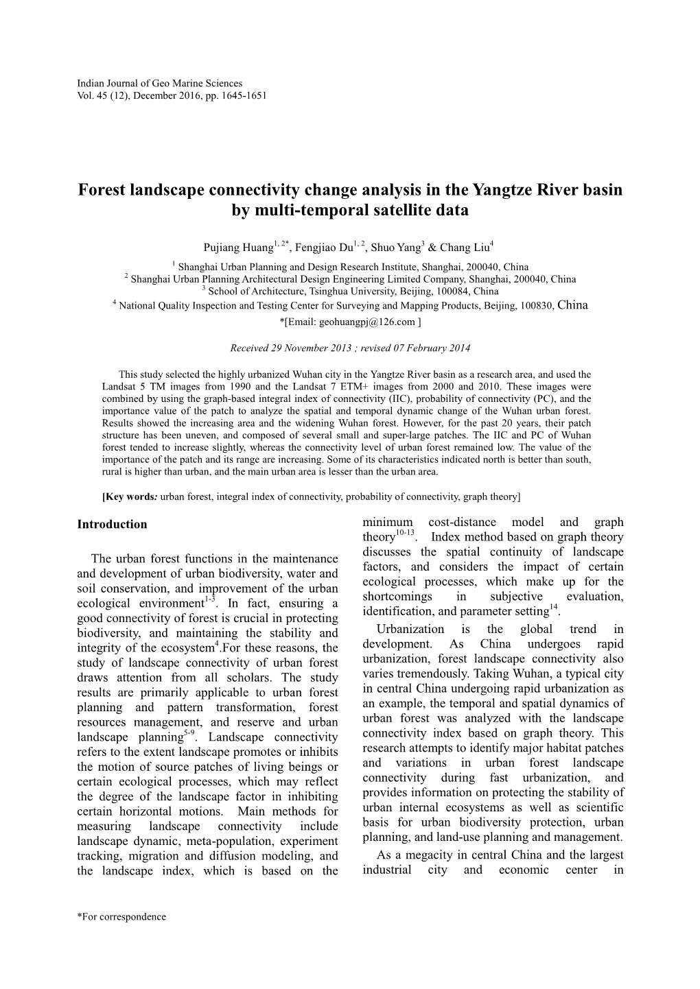 Forest Landscape Connectivity Change Analysis in the Yangtze River Basin by Multi-Temporal Satellite Data