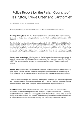 Police Report for the Parish Councils of Haslington, Crewe Green and Barthomley