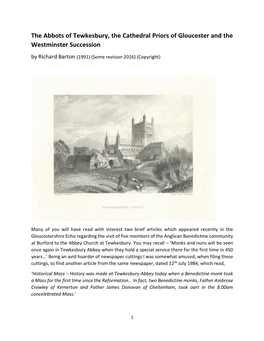 The Abbots of Tewkesbury, the Cathedral Priors of Gloucester and the Westminster Succession by Richard Barton (1991) (Some Revision 2016) (Copyright)