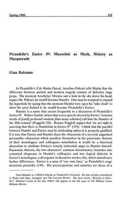 Pirandello's Enrico IV: Mussolini As Mask, History As Masquerade