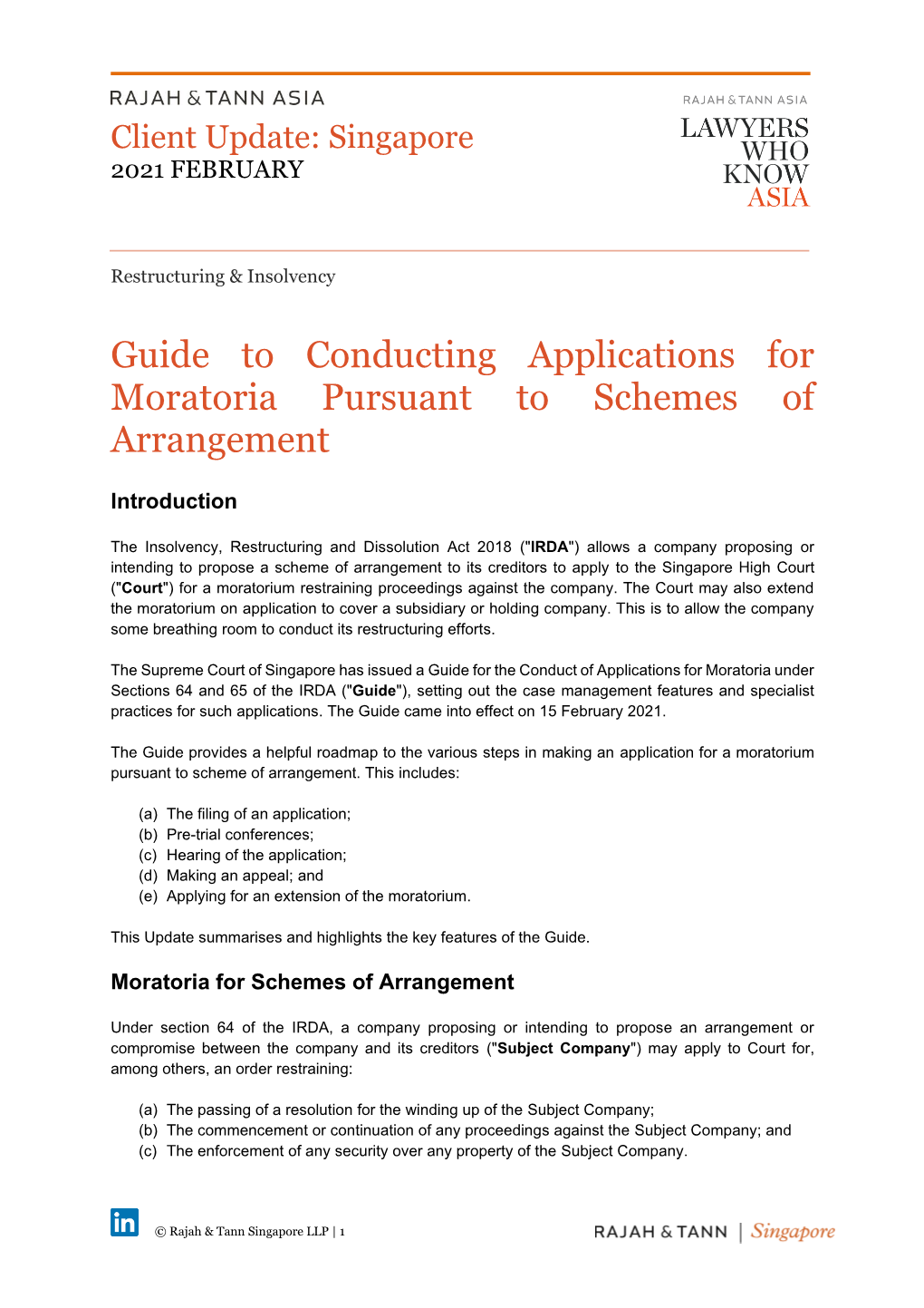 Guide to Conducting Applications for Moratoria Pursuant to Schemes of Arrangement
