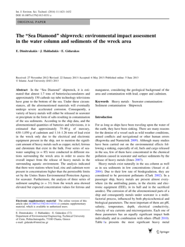 Sea Diamond’’ Shipwreck: Environmental Impact Assessment in the Water Column and Sediments of the Wreck Area