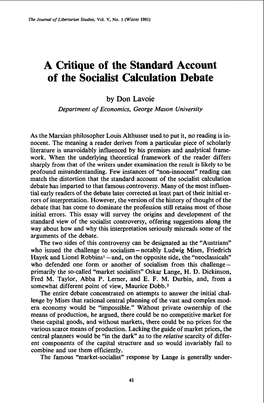 A Critique of the Standard Account of the Socialist Calculation Debate
