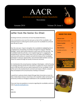Autumn 2014 Volume 29, Issue 1 Letter from the Senior Co-Chair