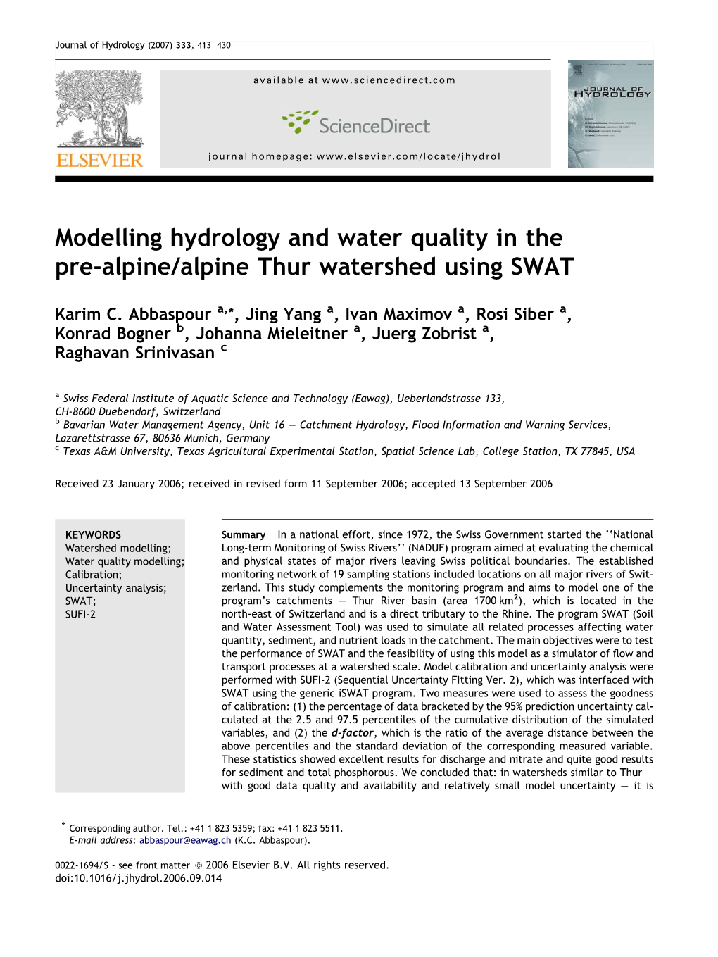 Modelling Hydrology and Water Quality in the Pre-Alpine/Alpine Thur Watershed Using SWAT