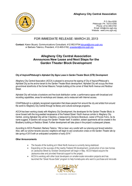 FOR IMMEDIATE RELEASE: MARCH 20, 2013 Allegheny City Central