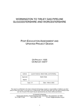 Wormington to Tirley Gas Pipeline Gloucestershire and Worcestershire