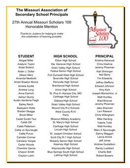 The Missouri Association of Secondary School Principals 27Th Annual Missouri Scholars 100 Honorable Mention