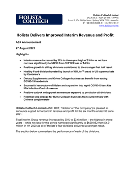 Holista Delivers Improved Interim Revenue and Profit