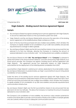 Virgin Galactic - Binding Launch Services Agreement Signed