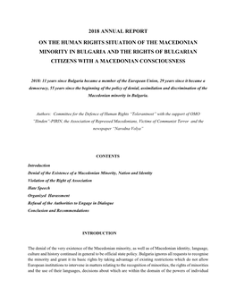 2018 Annual Report on the Human Rights Situation of the Macedonian Minority in Bulgaria