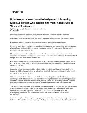 Private Equity Investment in Hollywood Is Booming