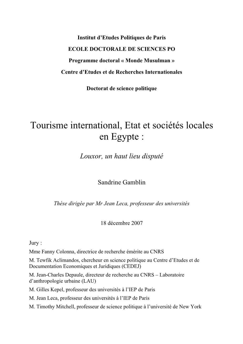 Tourisme International, Etat Et Sociétés Locales En Egypte