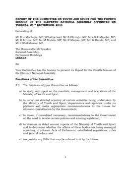 Report of the Committee on Youth and Sport for the Fourth Session of the Eleventh National Assembly Appointed on Tuesday, 24Th September, 2014