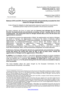 Between 2010 and 2016, Germany Systematically and Persistently Exceeded the Limit Values for Nitrogen Dioxide (NO2)